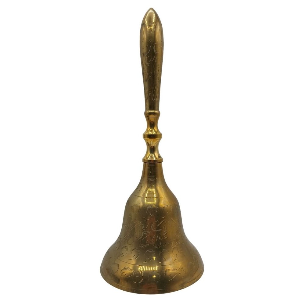 Vintage Large Brass Bell Handheld Etched Detailed Worship School Dinner Home Dec